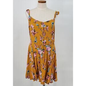Rewind Floral Button Front Ruffle Strap Mini Dress Womens XXL Mustard Gold Metal